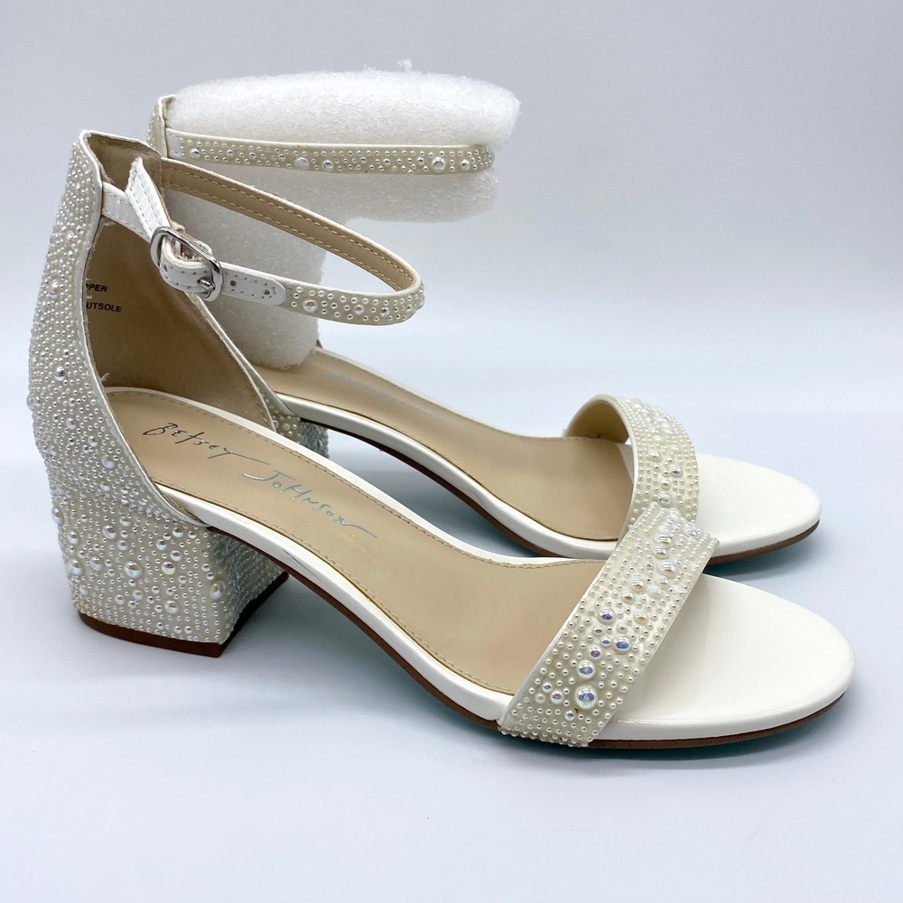Betsey Johnson Size 6 White Pearl Jeweled Block Heel Ankle Strap Sandals Shoes